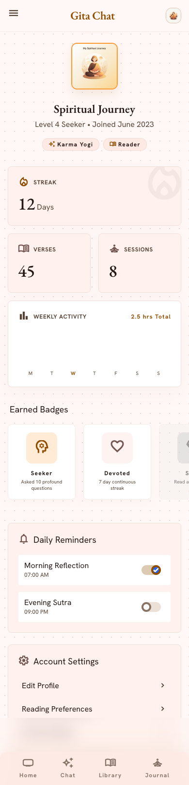 Spiritual journey and practice streak screen