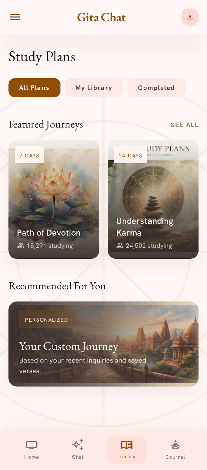 Study Plans screen showing guided Bhagavad Gita journeys